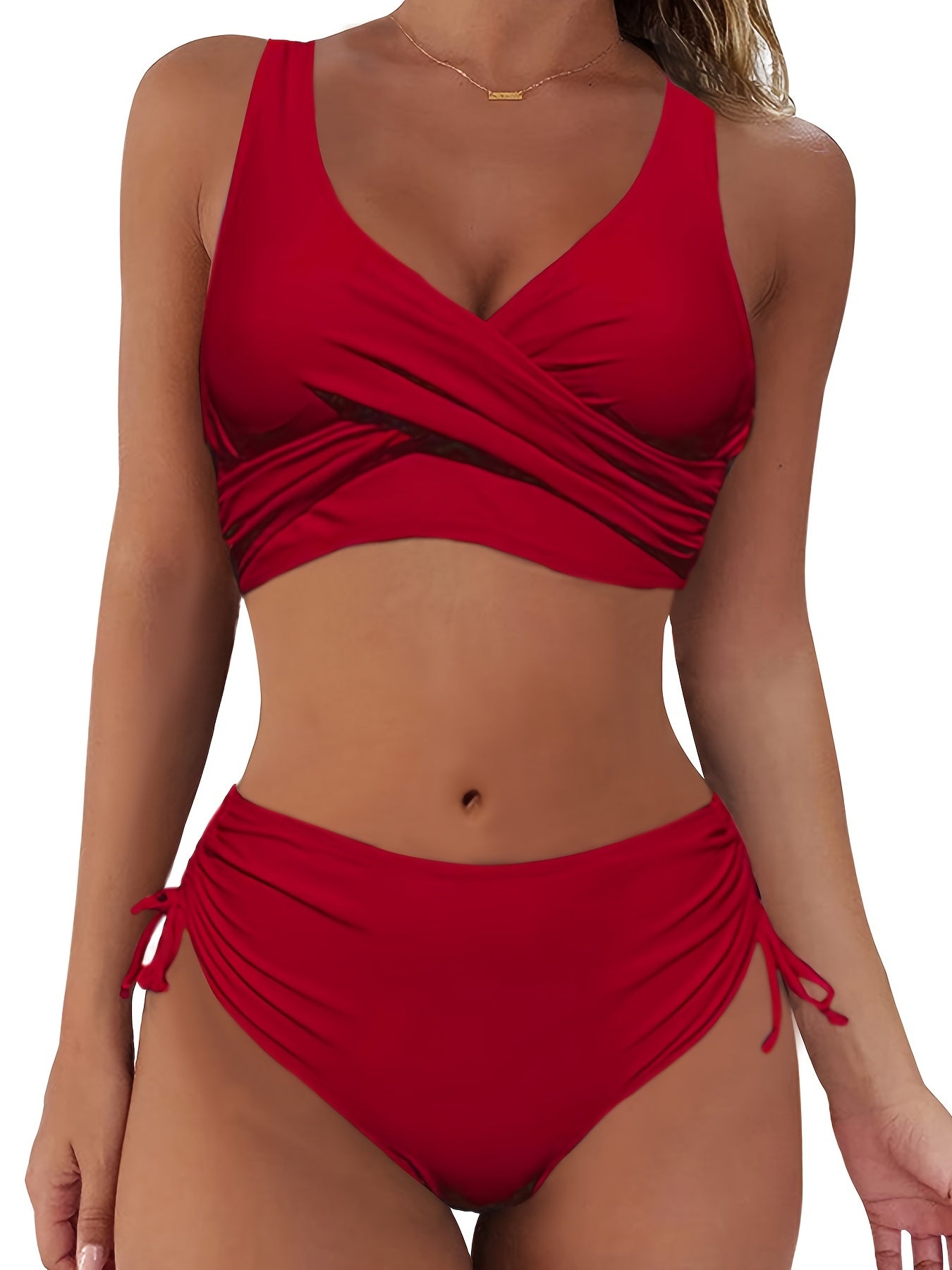 Layered V Neck Bikini Set High Waist Solid Two Piece Swimsuit