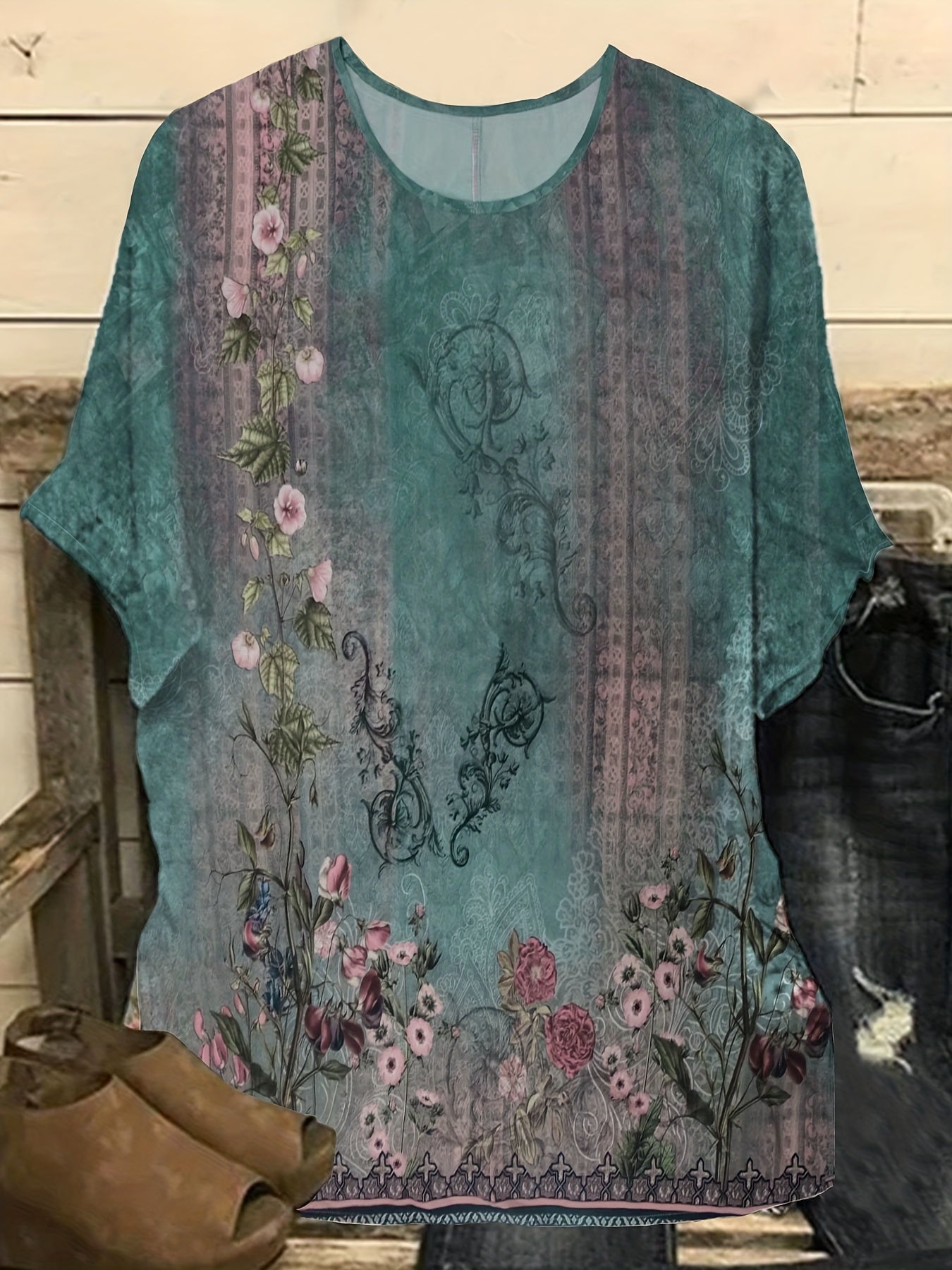 Floral Print Short Sleeve Round Neck Plus Size Casual Blouse