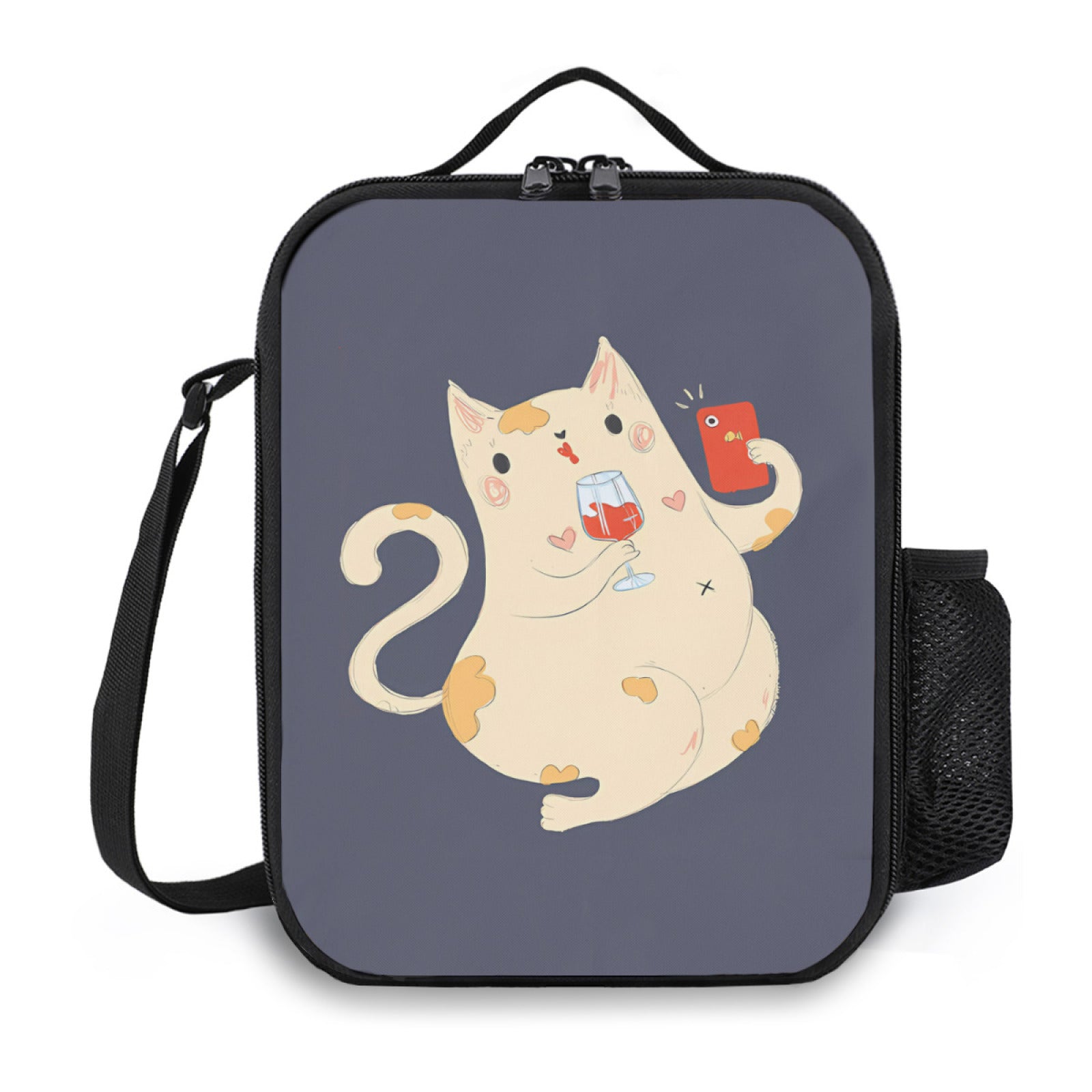 3D Cat & Wine Printed Lunch Bag - Funny Pattern Teen Lunch Tote Box