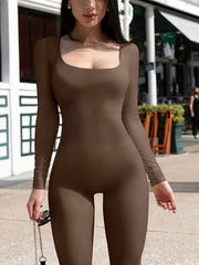 Long Sleeve Yoga Bodysuit Square Neck Jumpsuit