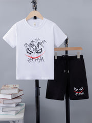 Boy's Cartoon Face Letter Print 2pcs Set Halloween Style Casual Outfits