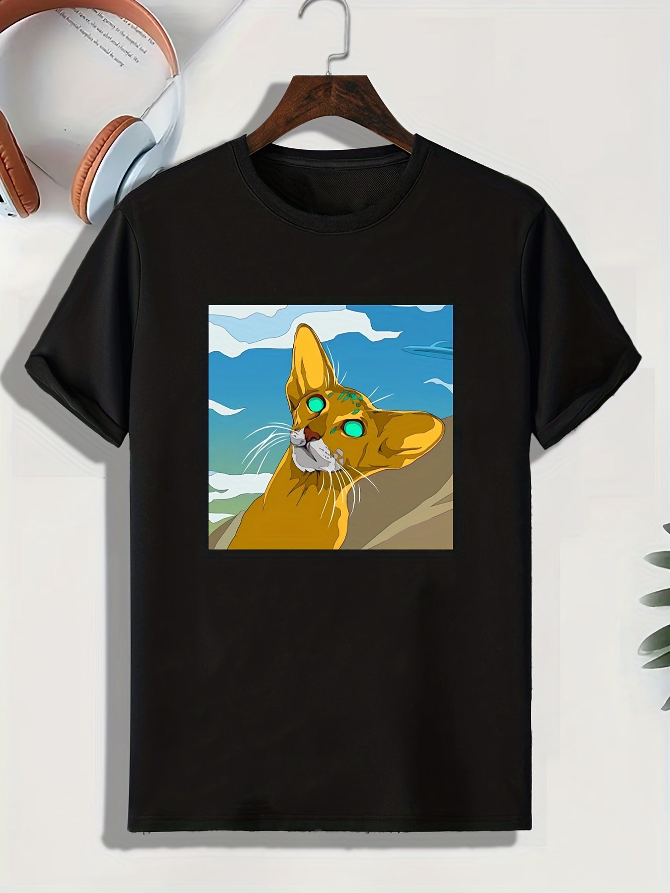 Men's Cartoon Cat Print Comfy T-shirt for Outdoor Gift