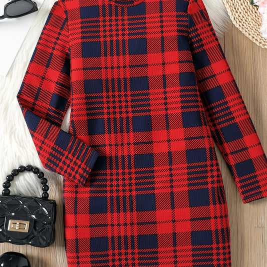 Kid Girls' Plaid Stand Collar Dress For Party Going Out