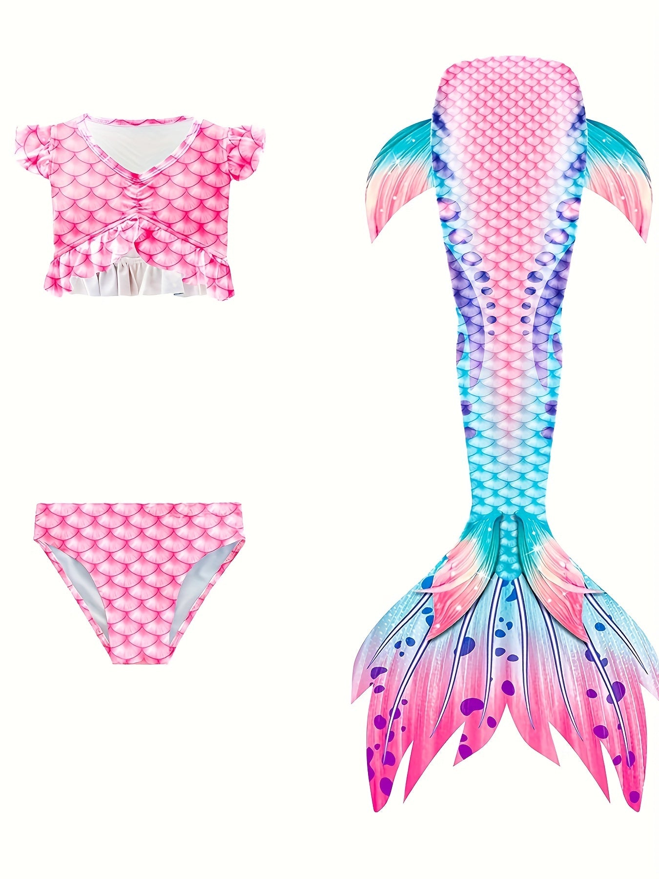 Mermaid Swimsuit 3pcs Ruffle Bikini Set & Mermaid Tail Tie dye Bathing Suit