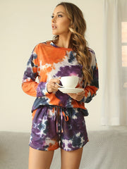 Casual Tie Dye 2pc Set Long Sleeve Shirt & Shorts Women's Clothing