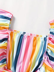 Girls Striped Romper Ruffle Square Neck Jumpsuit With Belt Kids Summer Clothes
