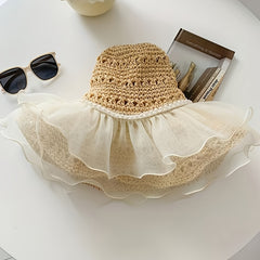 Ruffled Sun Hat Lace Straw Bucket Hat