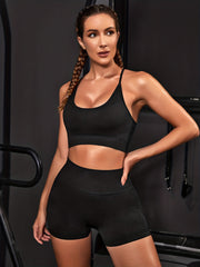 2pcs Yoga Sports Sets Solid Cami Sports Bra & High Waist Gym Running Shorts