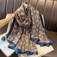 Vintage Camellia Print Silk Scarf Shawl Head Wrap Women Sunscreen