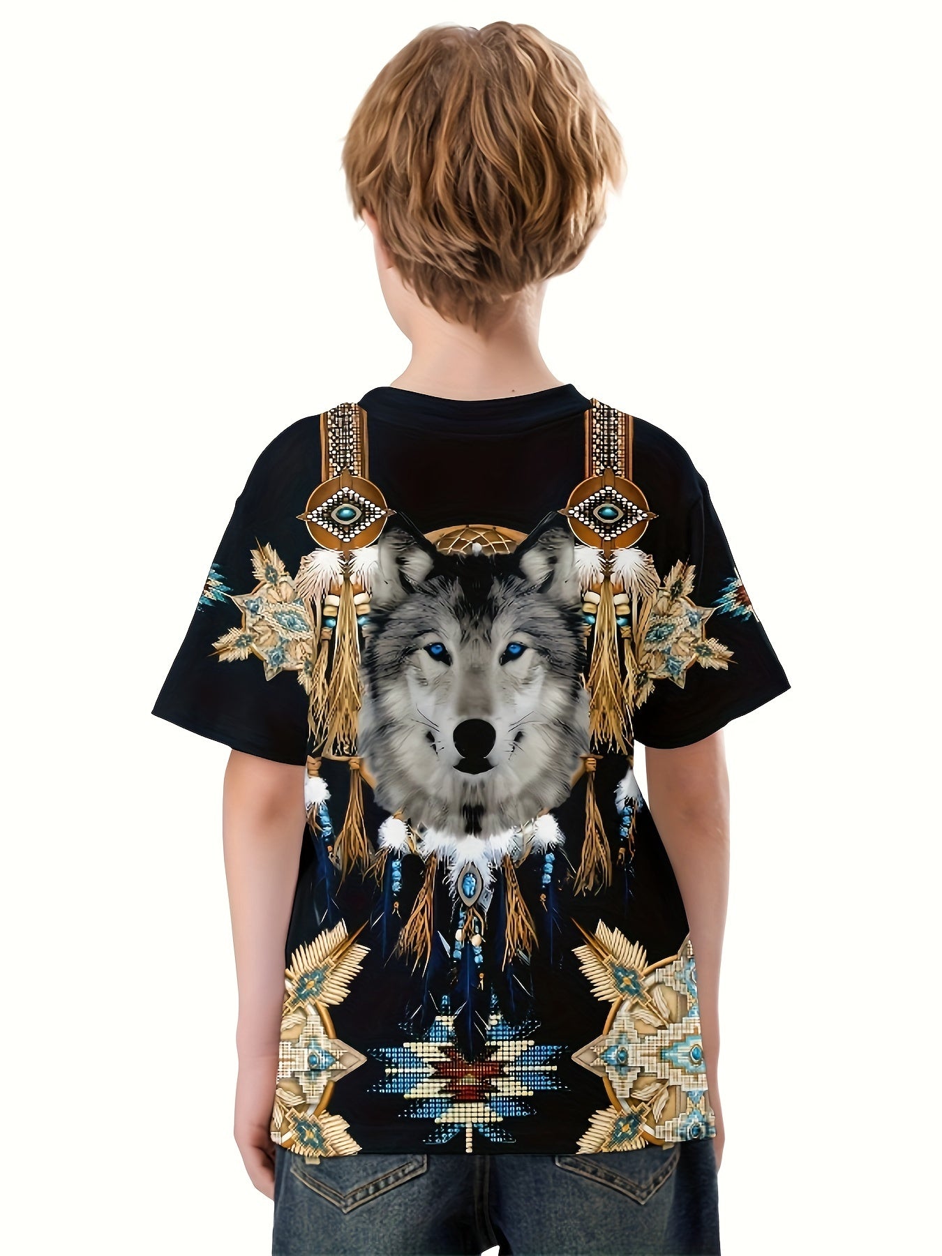 Wolf 3D Print Boy's Tee Short Sleeve Crew Neck Comfy T-shirt Kids Summer Sports