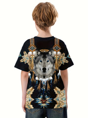 Wolf 3D Print Boy's Tee Short Sleeve Crew Neck Comfy T-shirt Kids Summer Sports