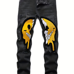 Smiling Face Pattern Ripped Jeans Men's Street Style Denim Pants