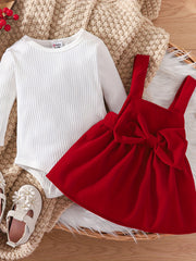 Baby Girls Autumn Romper & Skirt Set with Bow
