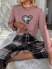Heart Print Pajama Set with Plaid Pants
