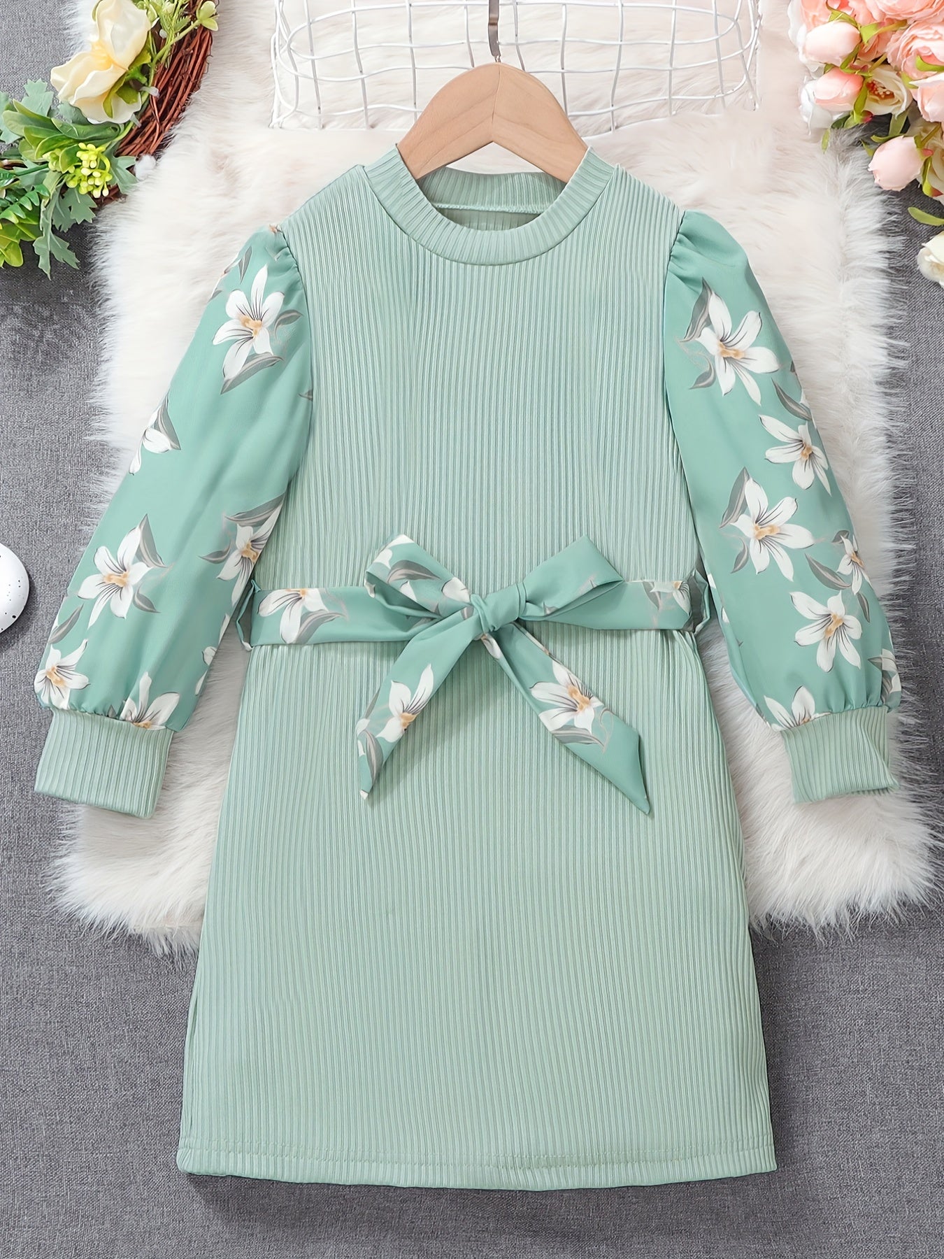 Floral Colorblock Long Sleeve Casual Dress Set with Belt