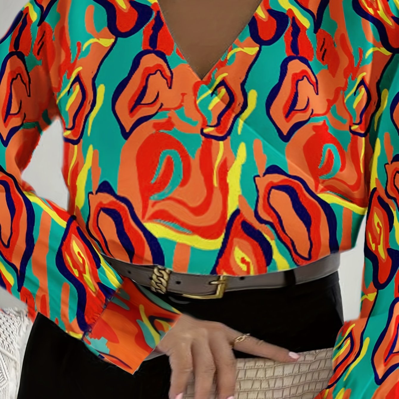 Colorblock Print V Neck Top