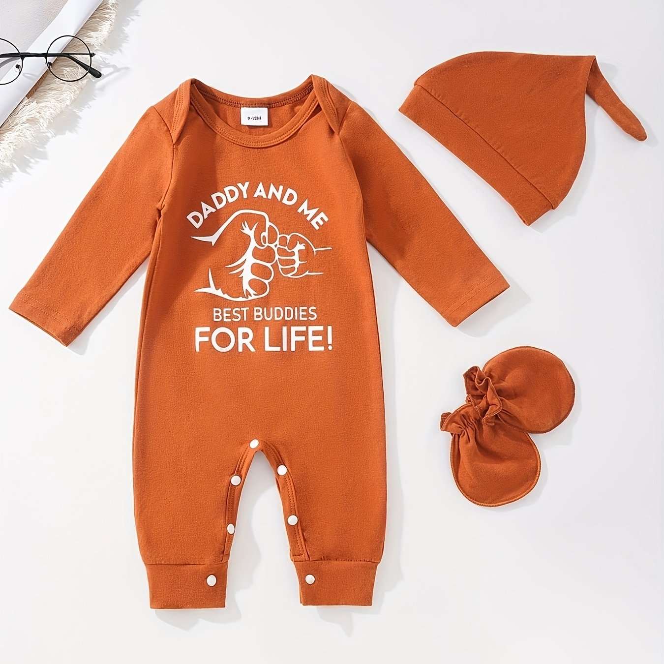 Baby Boys Casual Printed Long Sleeve Bodysuit Hat Gloves Set