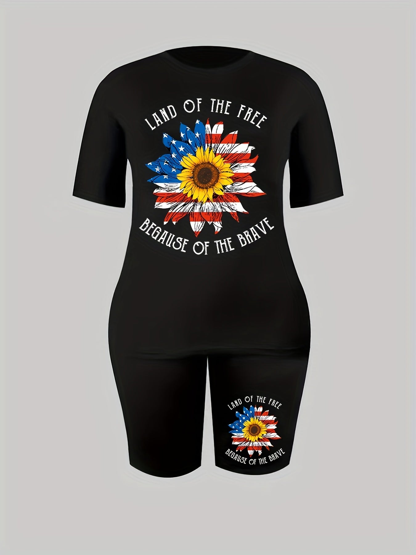 Women's Plus Flag Sunflower & Slogan Print Top & Shorts Outfit Set