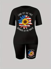 Women's Plus Flag Sunflower & Slogan Print Top & Shorts Outfit Set