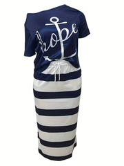 Off Shoulder Top & Striped Long Skirt Dress Set