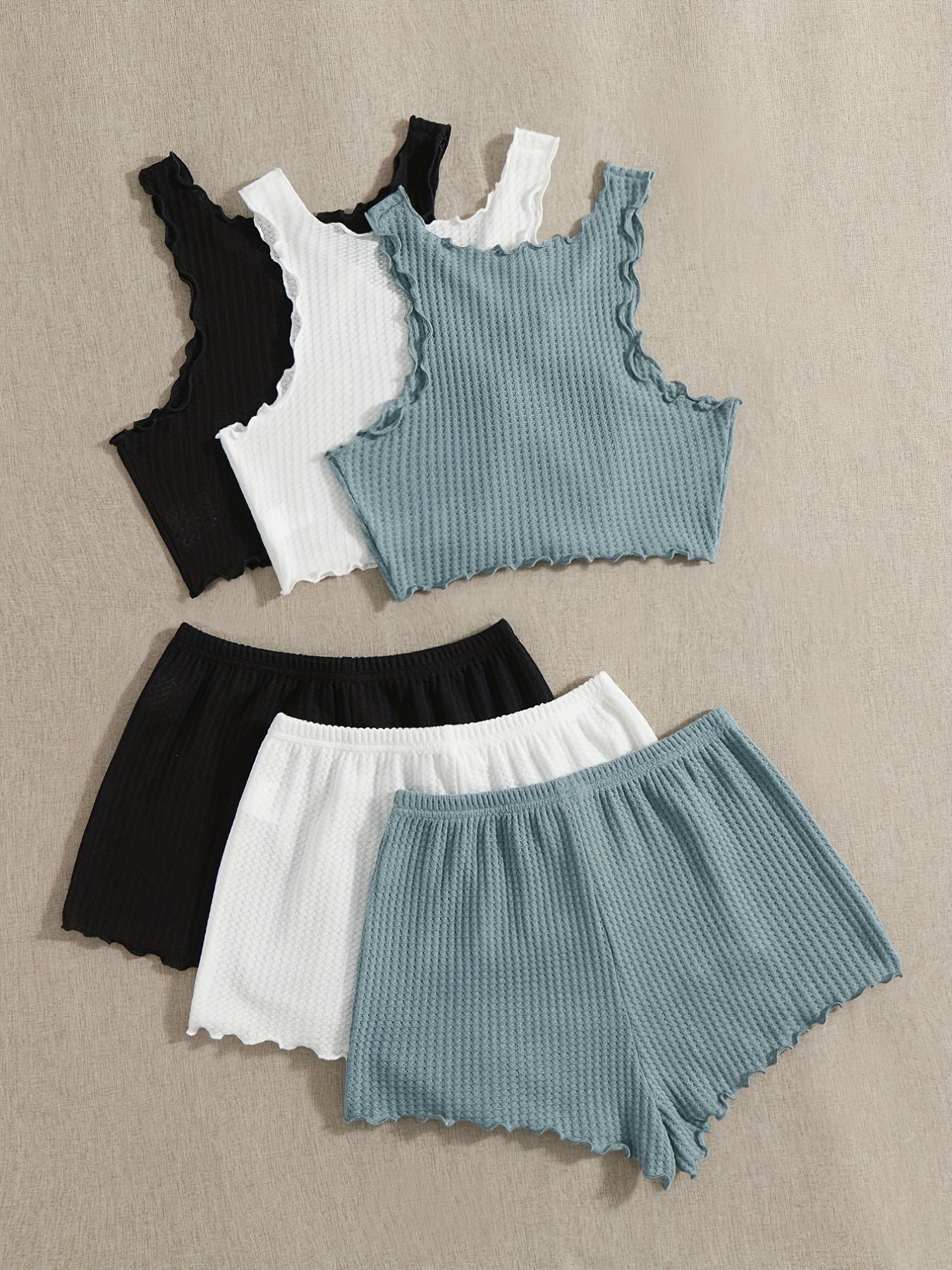 Waffle Pajama Set Solid Comfortable Tank Top & Shorts Women's Loungewear