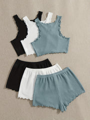 Waffle Pajama Set Solid Comfortable Tank Top & Shorts Women's Loungewear