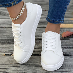 Solid Faux Leather Flat Skate Shoes Low Cut Lace Up Sneakers