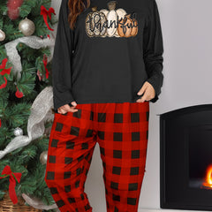 Thanksgiving Lounge Set Women's Pumpkin Tee & Plaid Pants Pajamas