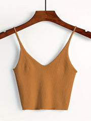 Ribbed Crop Cami Top Backless Slim Spaghetti Strap Crop Top