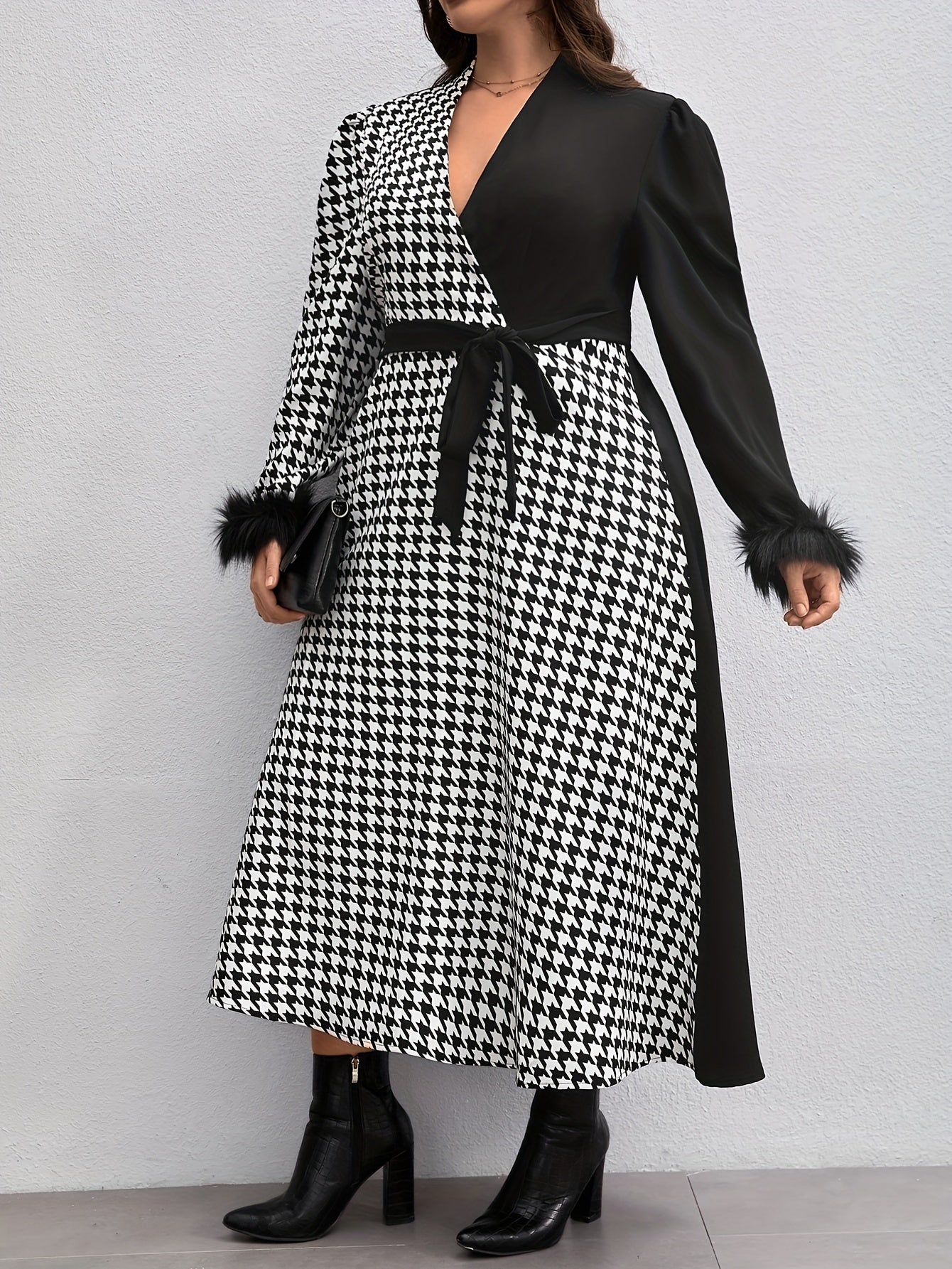 Colorblock Houndstooth Print Maxi Dress