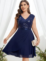 Solid Sequin Cap Sleeve V Neck Stretch Dress