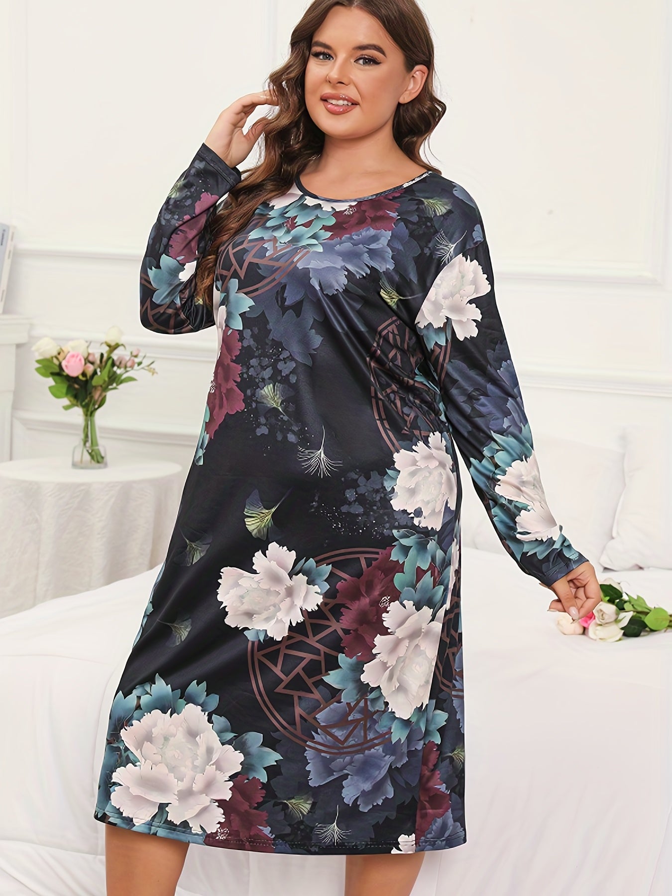 Peony & Geo Print Long Sleeve Tee Nightdress
