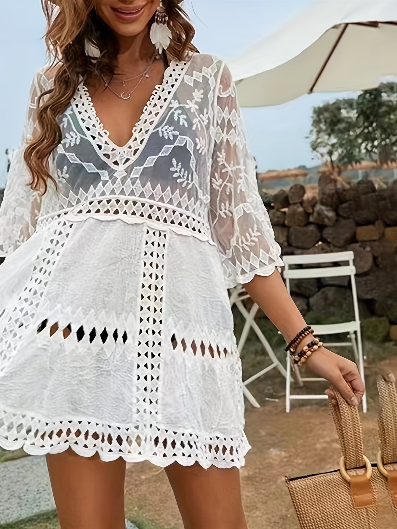 Embroidered V Neck Cover Up Dress for Women