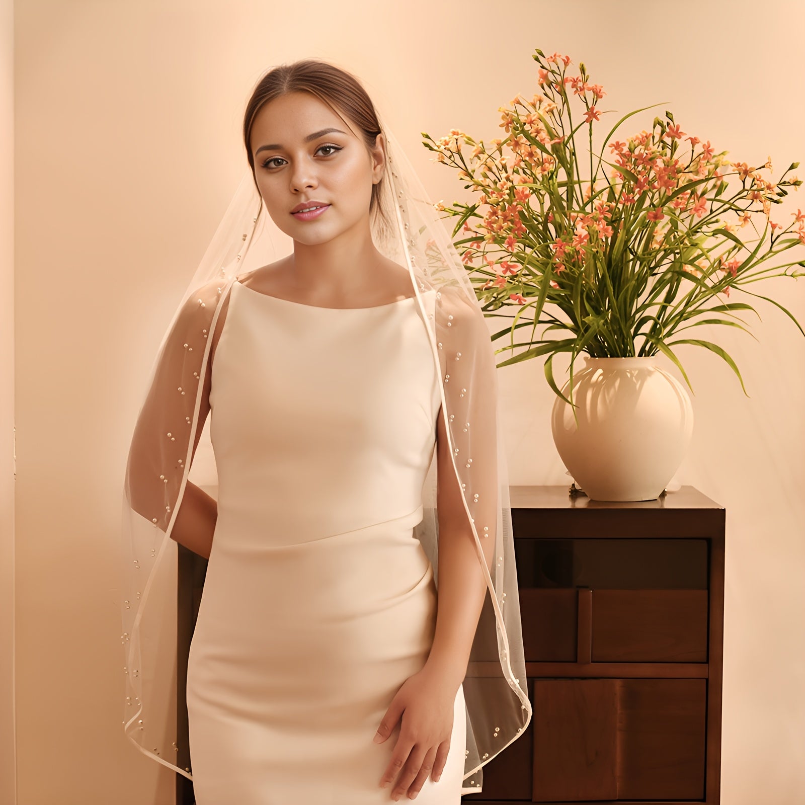 Long Bridal Veil with Beaded Detail Satin V Neck 3 4 Sleeve