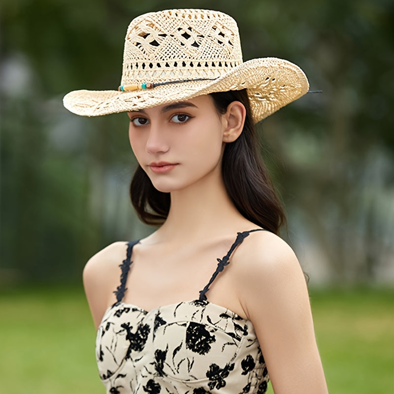 Khaki Straw Cowboy Hat Beads Chain Summer Travel Sun Hat