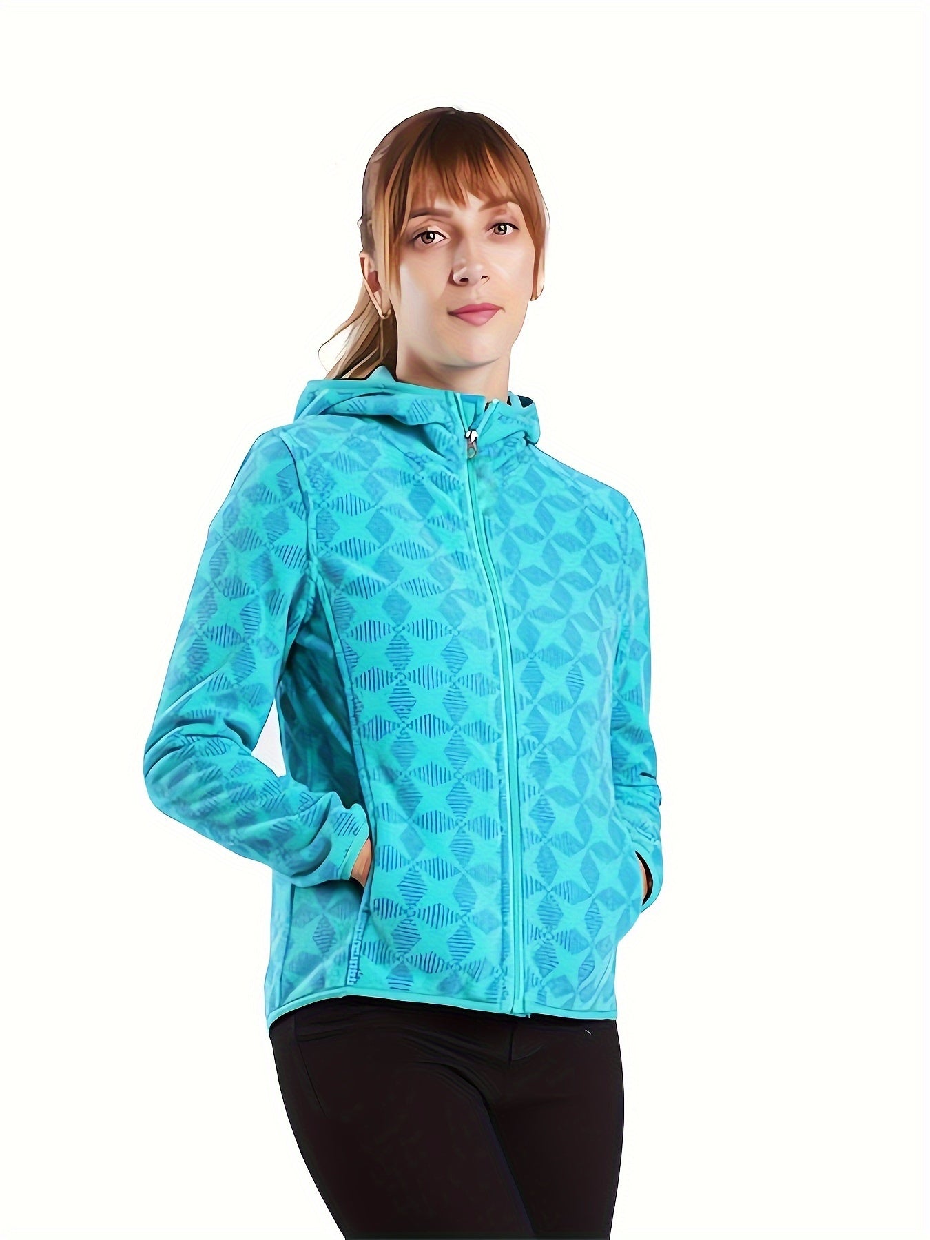 Women's Outdoor Print Fleece Hooded Jacket Zipper Up