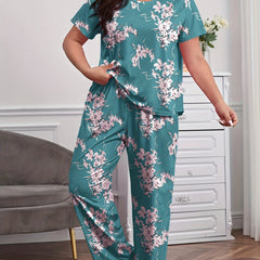 Floral Print Pajama Set Short Sleeve Tee & Pants Loungewear