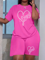 Women's Plus Rhinestone Letter Heart Tee & Shorts 2pcs Set