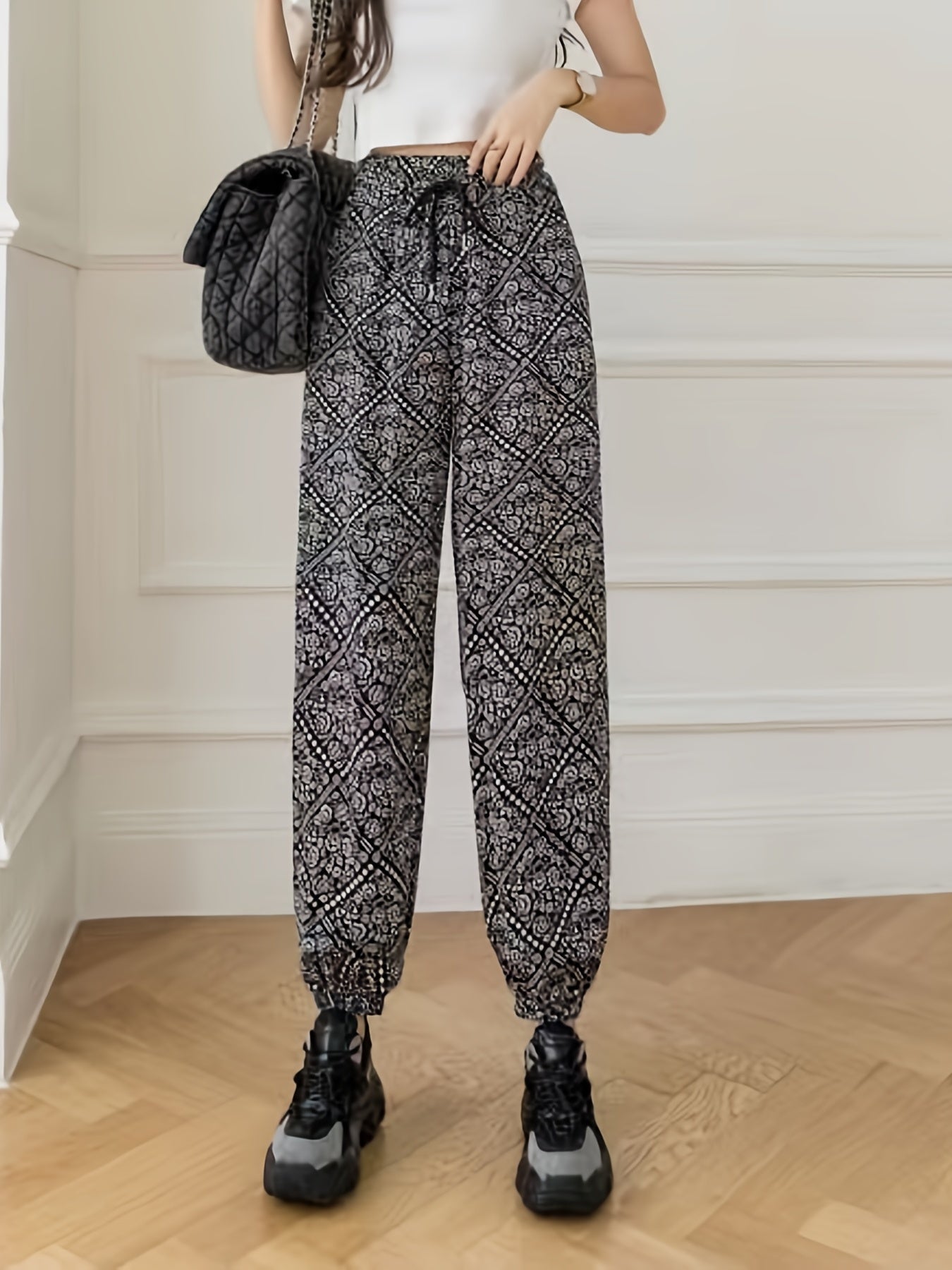 Floral Print High Waist Drawstring Pants Casual Women's Clothing