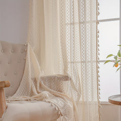 Bohemian Geometric Curtain with Beige Fringe for Home Decor