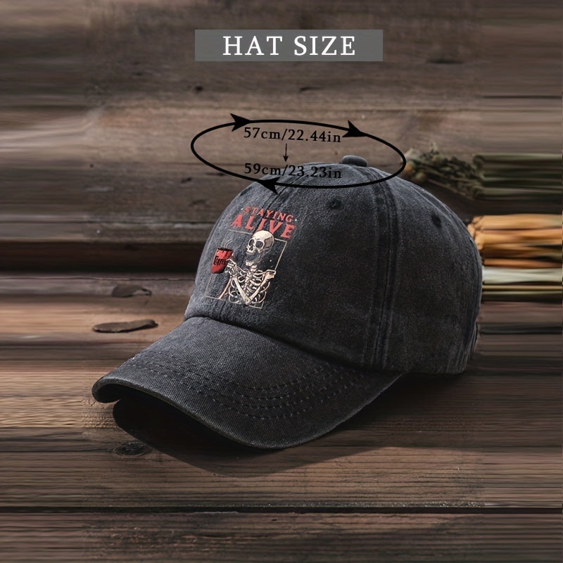 Staying Alive Skull Baseball Cap Washed Distressed Print Sports Hat
