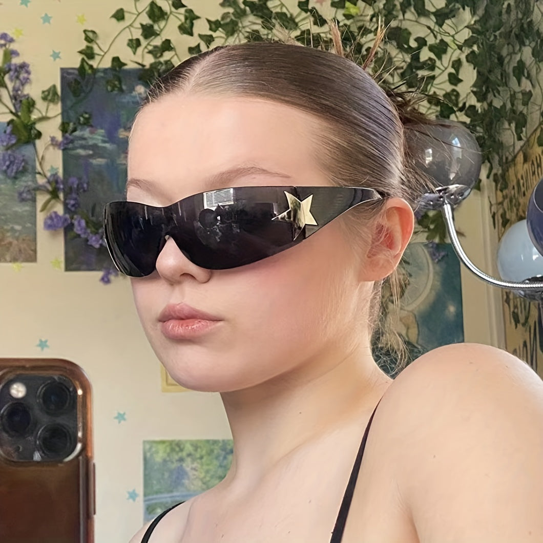 Y2K Wrap Around Sunglasses Cyberpunk Star Decor UV400
