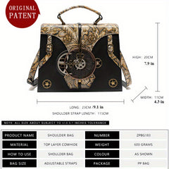Steampunk Leather Crossbody Bag with Embossed Floral Pattern