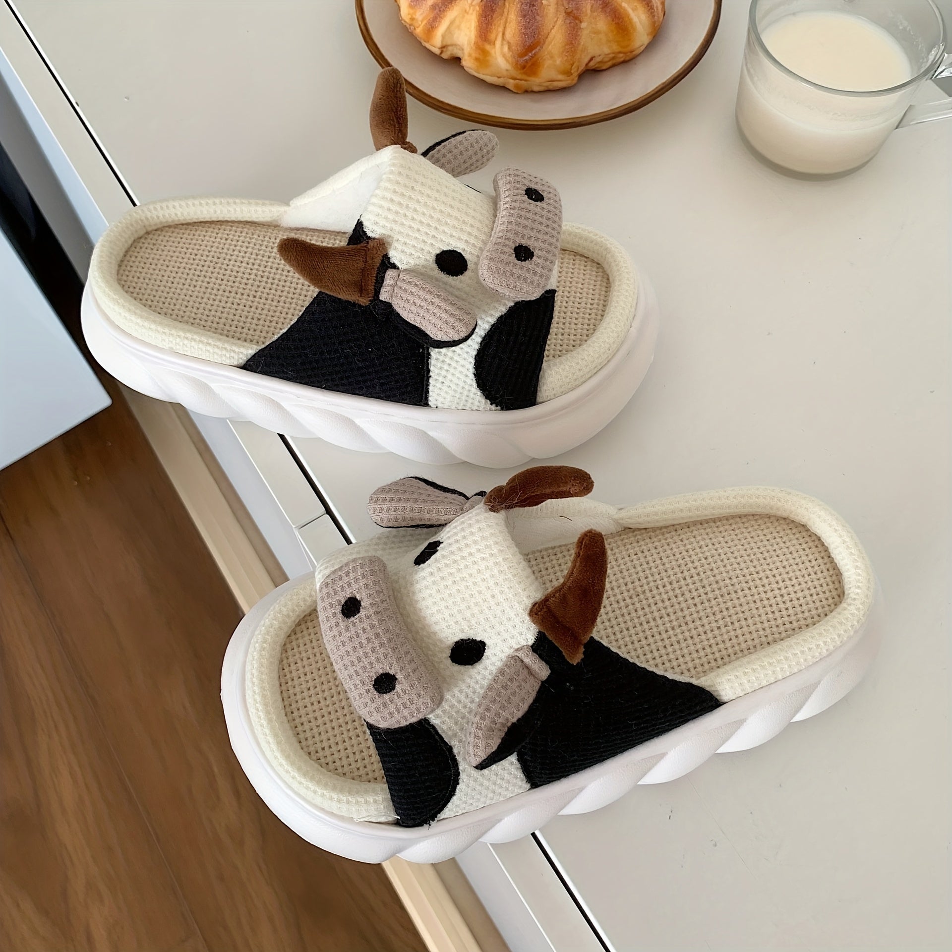 Funny Cow Slippers Open Toe Linen Slides Indoor Shoes