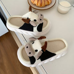 Funny Cow Slippers Open Toe Linen Slides Indoor Shoes