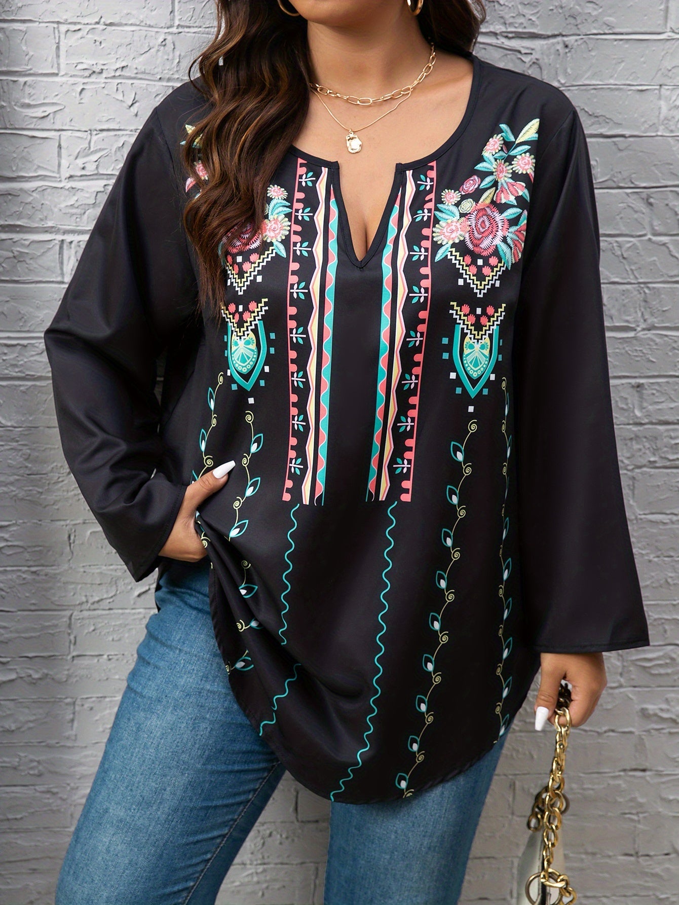 Floral Print Notched Neck Tunic Top