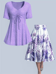 Ruched Front Peplum Top & Floral Maxi Skirt Set