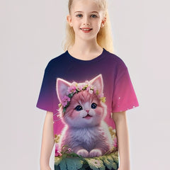 3D Flower Cat Graphic T-shirt Girls Casual Short Sleeve Tees Summer Clothes