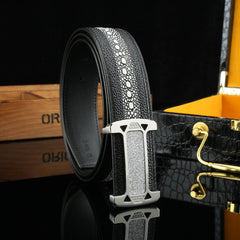 Men's Pearl Fish Pattern Cowhide Belt with Diamond Buckle
