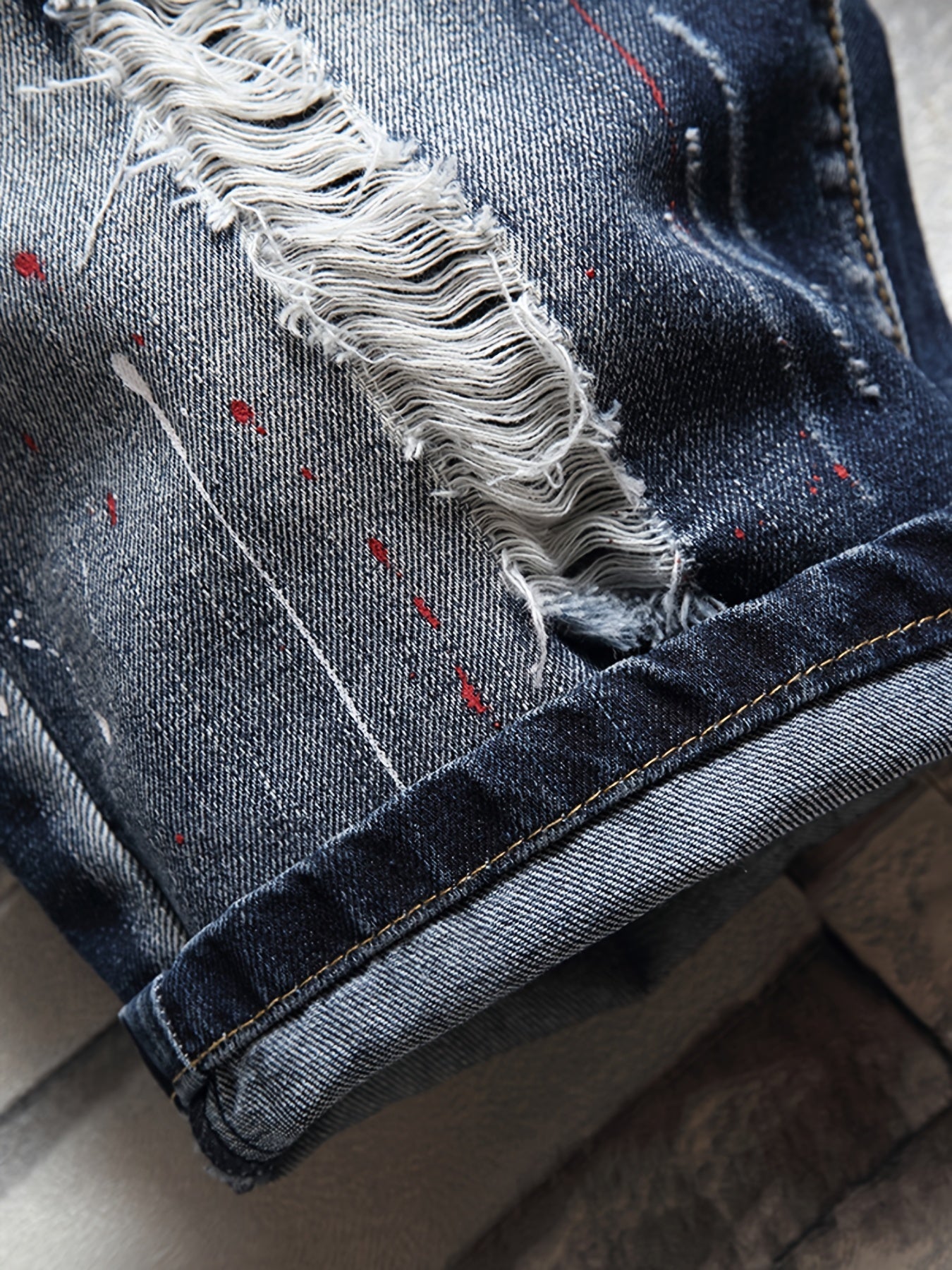 Men's Ripped Splash Print Denim Jeans Vintage Royal Straight Fit Shorts